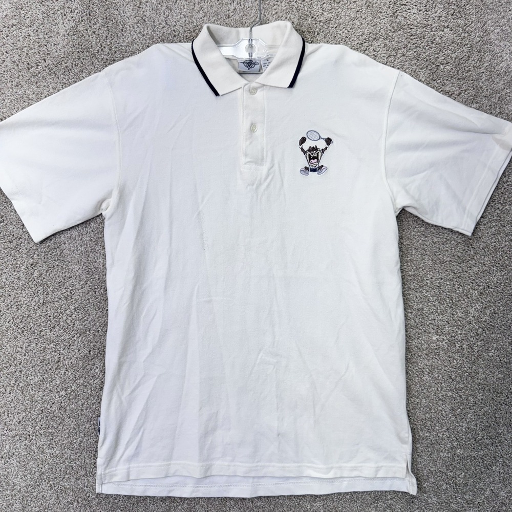 Acme Clothing Co Polo Mens M Taz Tennis White Looney Tunes Vintage EUC